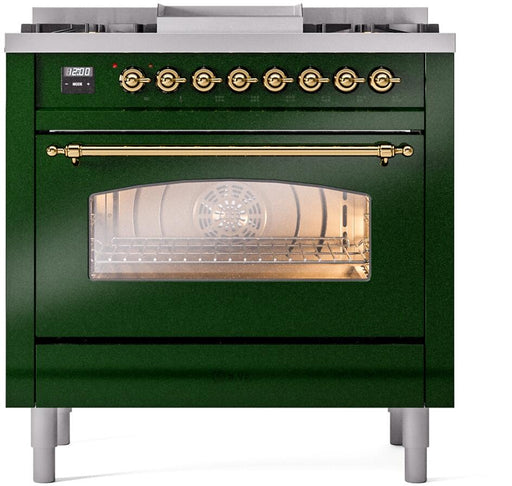 ILVE Nostalgie II 36" Dual Fuel Natural Gas Range, Emerald Green, Brass Trim UP36FNMPEGG - Farmhouse Kitchen and Bath