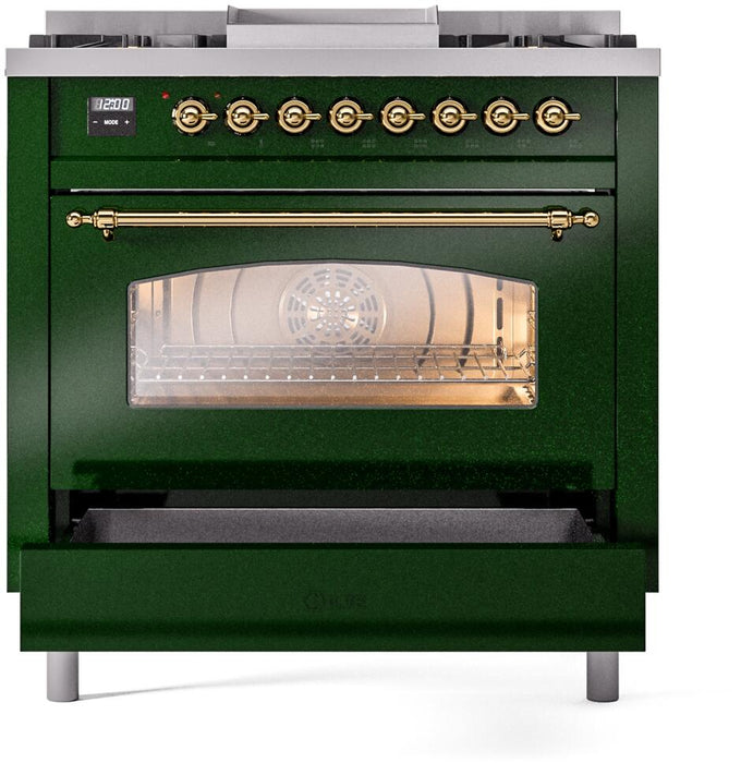 ILVE Nostalgie II 36" Dual Fuel Natural Gas Range, Emerald Green, Brass Trim UP36FNMPEGG