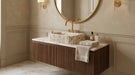 Bathroom vanity with marble sink, gold faucet, and round mirror. Calacatta Gold Marble Wall-mount Bathroom Vanity Sink Fluted (W)16" (L)20" (H)6"