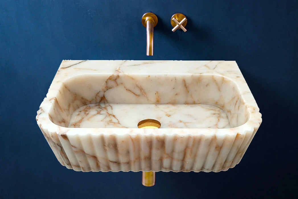 Calacatta Gold Marble Wall Mount Bathroom Vanity Sink with Fluted Design 16x20x6