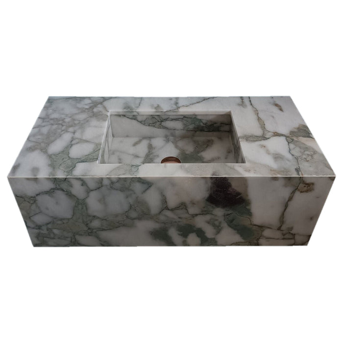 Calacatta Verde Marble Rectangular Wall-mount Bathroom Sink with 10" Backsplash NTRVS195