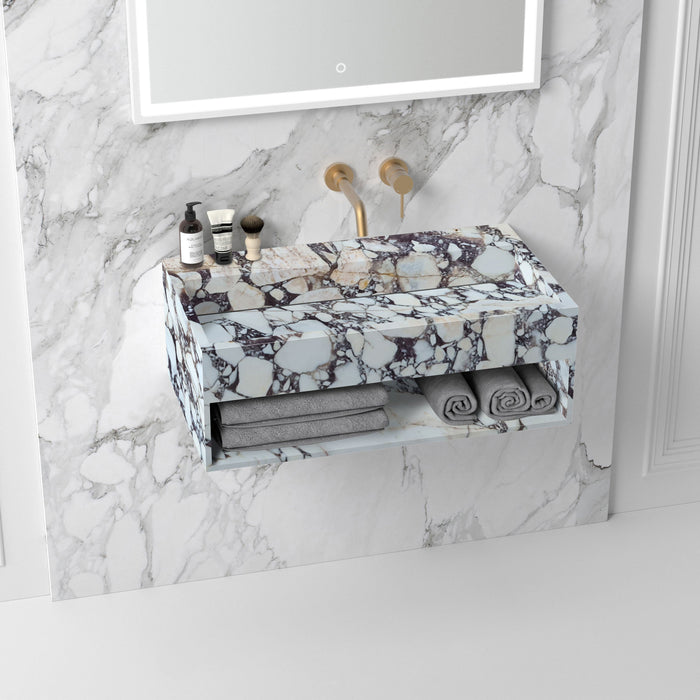 Calacatta Viola Marble Wall-mount Bathroom Sink Hidden Drain with Storage NTRVS198