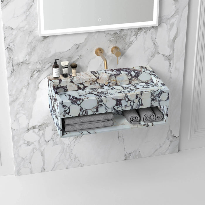 Calacatta Viola Marble Wall Mount Bathroom Sink 40 Inch - Hidden Drain With Storage
