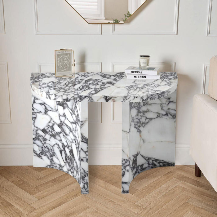 Calacatta Viola Marble Designer Console Table Polished Finish Curved Arched Legs