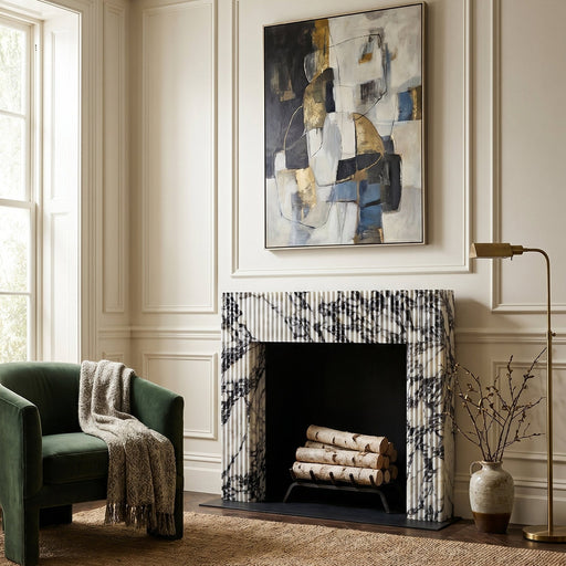 Living room with a fireplace, abstract painting, and green armchair. Calacatta Viola Marble Fluted Fireplace Mantel Polished (L)36" (H)40" (D)2.5"