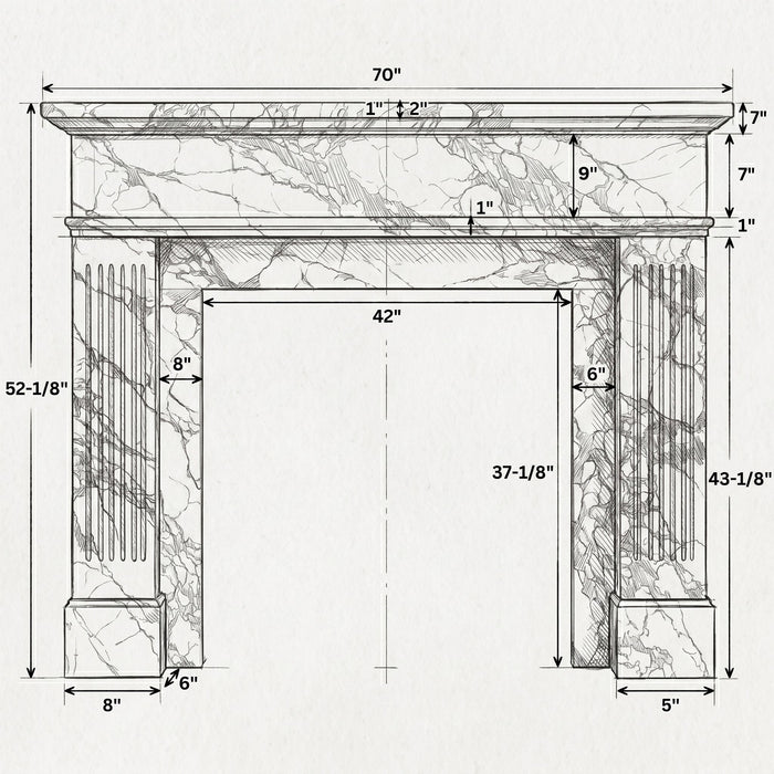 Technical drawing of a marble fireplace with dimensions