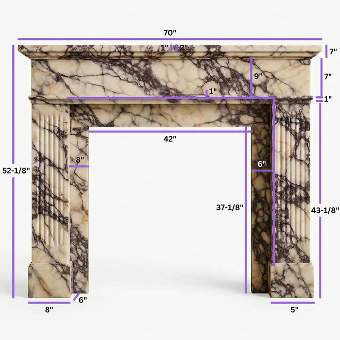 Calacatta Viola Marble Fluted Fireplace Mantel Polished (L)70" (H)52" (D)7"