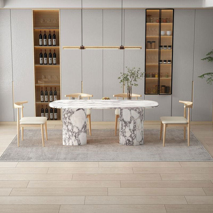 Calacatta Viola Marble Oval Dining Table with Fluted Round Marble Legs (W)40" (L)75" (H)30" modern dining room wine rack below