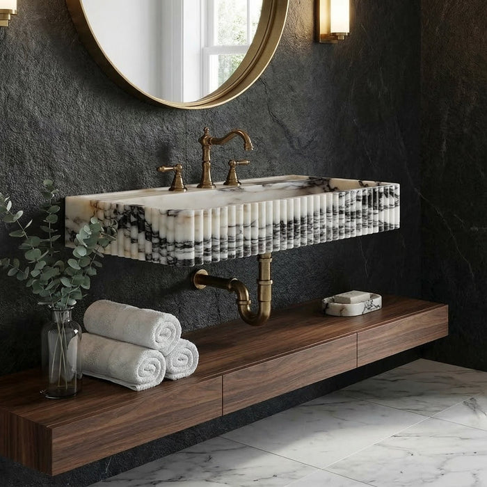 Calacatta Viola Marble Wall-Mount Rectangular Fluted Bathroom Sink - Polished