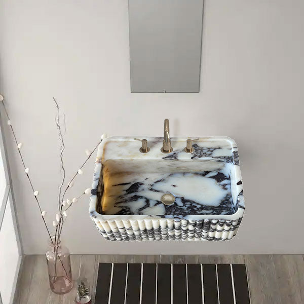 Calacatta Viola Marble Wall-Mount Rectangular Fluted Bathroom Sink - Polished