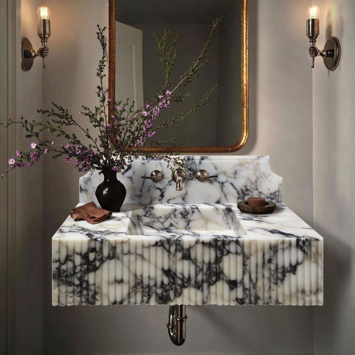 Calacatta Viola Marble Wall-mount Bathroom Vanity Sink Fluted Front NTRVS164