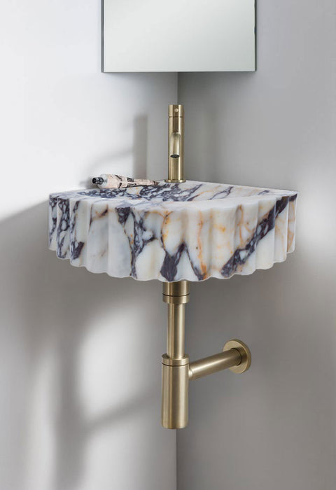 Calacatta Viola Marble Corner Wall Mount Vanity Sink With Ribbed Texture 20x20x7