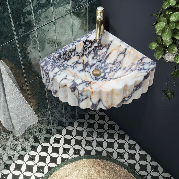 Calacatta Viola Marble Corner Wall Mount Vanity Sink With Ribbed Texture 20x20x7