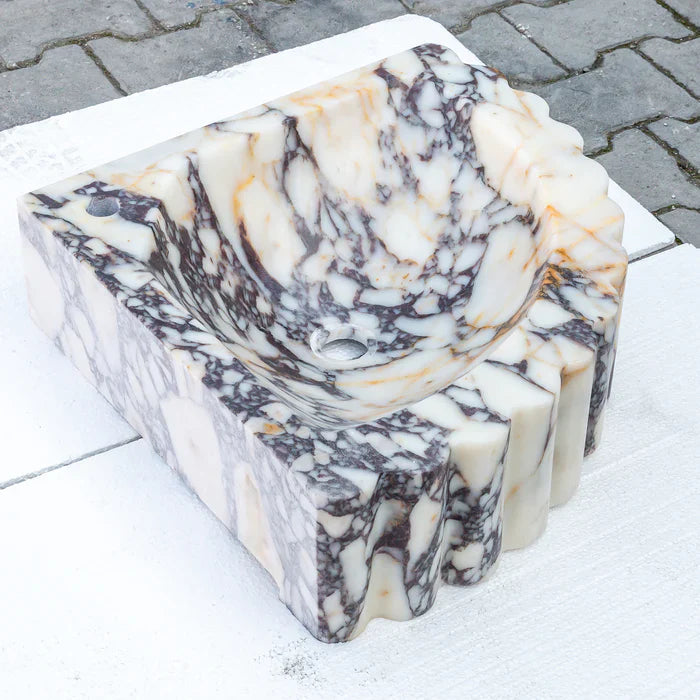 Calacatta Viola Marble Corner Wall Mount Vanity Sink With Ribbed Texture 20x20x7