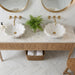 Bathroom vanity with two white sinks, gold fixtures, and a plant on a marble floor.