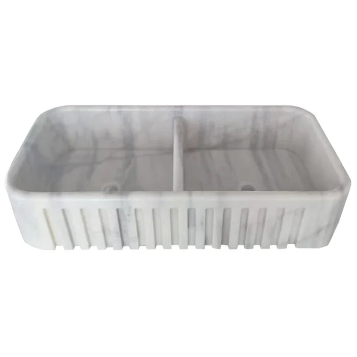 Carrara White Marble Farmhouse Apron Double Kitchen Sink 18x36