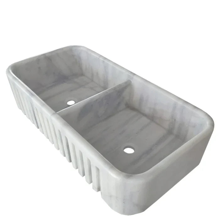 Carrara White Marble Farmhouse Apron Double Kitchen Sink 18x36