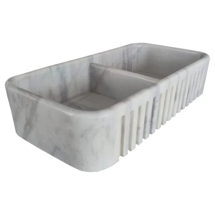 Carrara White Marble Farmhouse Apron Double Kitchen Sink 18x36