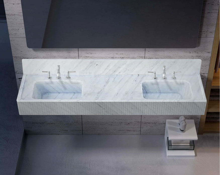Carrara White Marble Bathroom Double Sink with Elegant Fluted Front Design 72x21x8