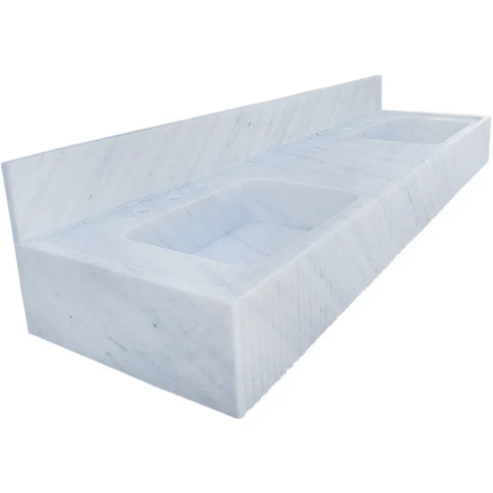 Carrara White Marble Bathroom Double Sink with Elegant Fluted Front Design 72x21x8