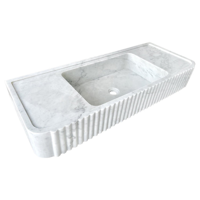 Carrara White Marble Wall Mount Bathroom Vanity Sink Polished Fluted 16 x 40 Inch