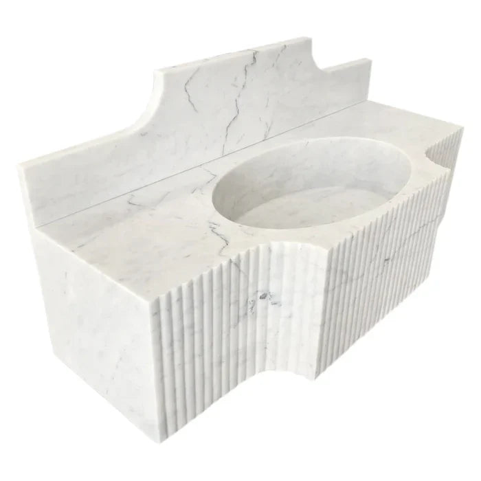 Carrara White Marble Polished Wall Mount Bathroom Sink 48 Inch with 10 Inch Backsplash