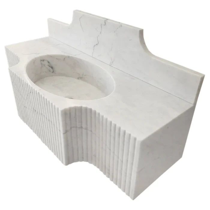 Carrara White Marble Polished Wall Mount Bathroom Sink 48 Inch with 10 Inch Backsplash