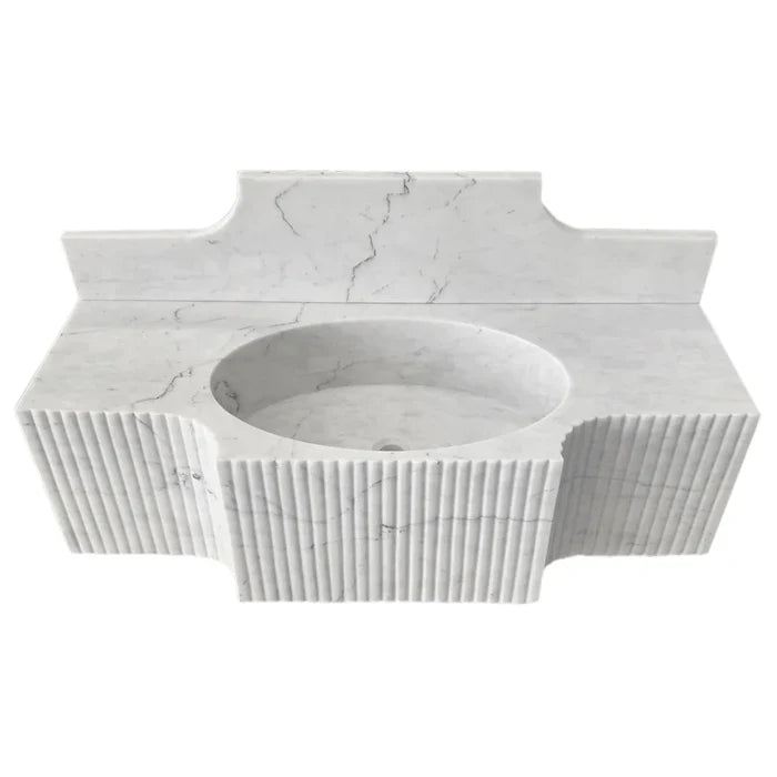 Carrara White Marble Polished Wall Mount Bathroom Sink 48 Inch with 10 Inch Backsplash
