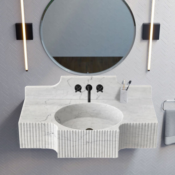Carrara White Marble Polished Wall Mount Bathroom Sink 48 Inch with 10 Inch Backsplash