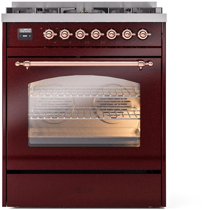 ILVE Nostalgie II 30" Dual Fuel Liquid Propane Range, Burgundy, Copper Trim UP30NMPBUPLP ILVE