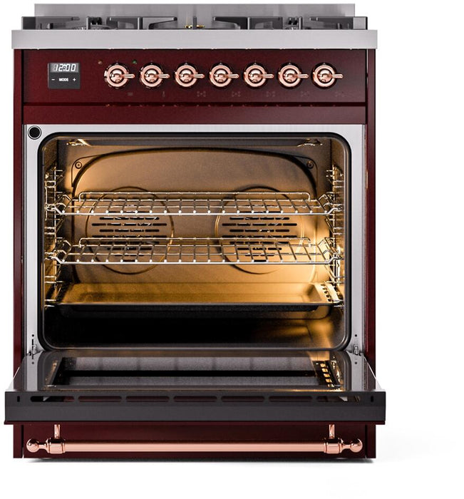 ILVE Nostalgie II 30" Dual Fuel Liquid Propane Range, Burgundy, Copper Trim UP30NMPBUPLP ILVE