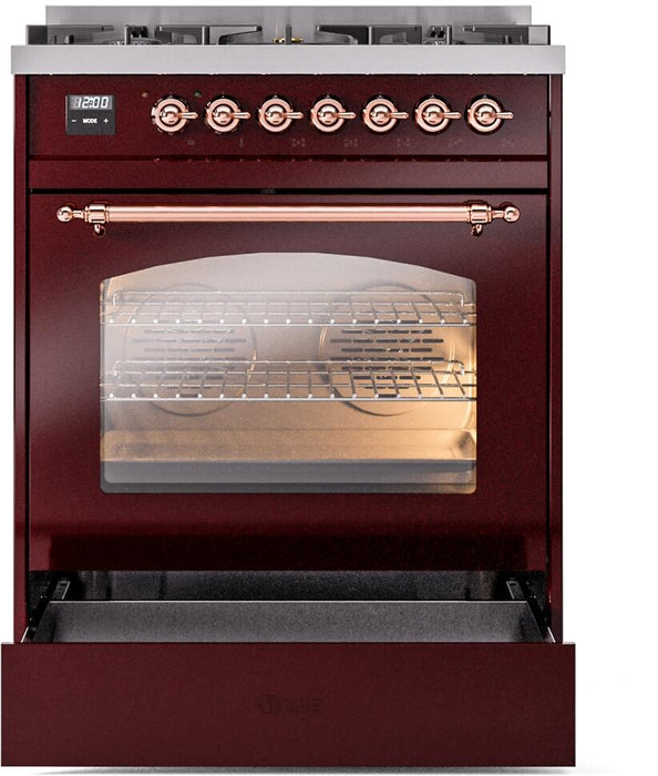 ILVE Nostalgie II 30" Dual Fuel Natural Gas Range, Burgundy, Copper Trim UP30NMPBUP ILVE