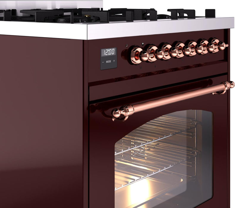 ILVE Nostalgie II 30" Dual Fuel Liquid Propane Range, Burgundy, Copper Trim UP30NMPBUPLP ILVE