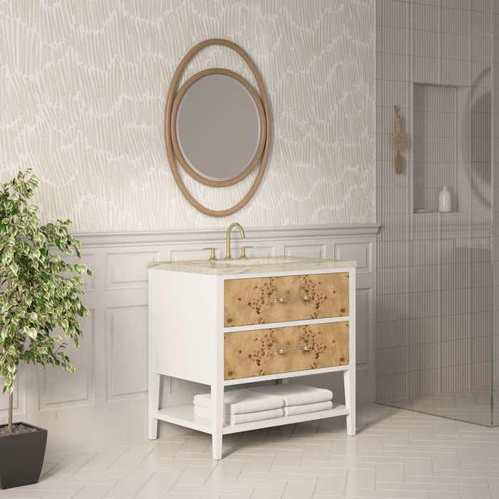 James Martin Olena 36" Single Bathroom Vanity, Polished White and Light Mappa Burl
