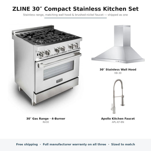 ZLINE 30-inch Compact Stainless Kitchen Set components: RA30, KB-30, APL-KF-BN