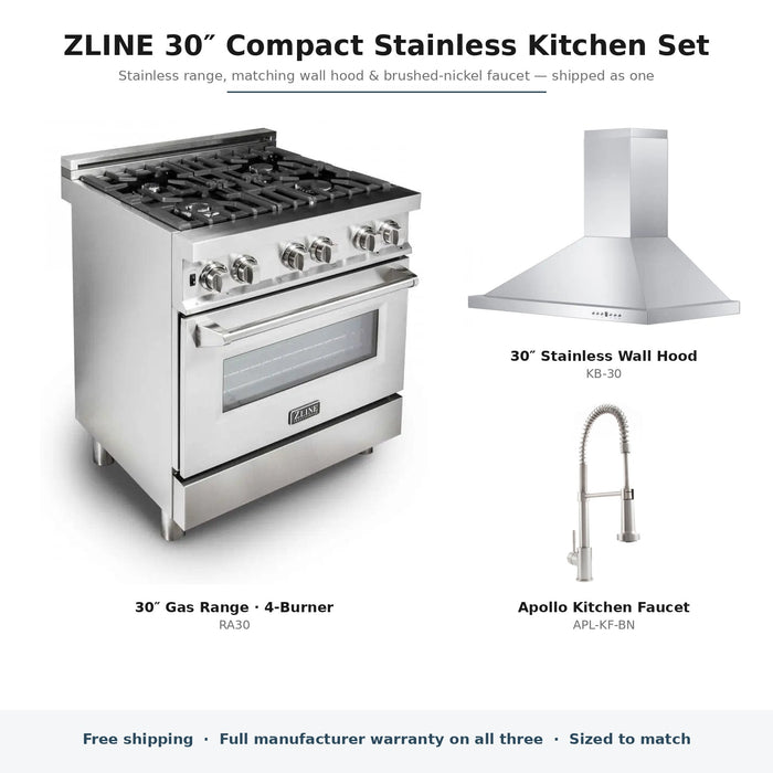 ZLINE 30-inch Compact Stainless Kitchen Set components: RA30, KB-30, APL-KF-BN
