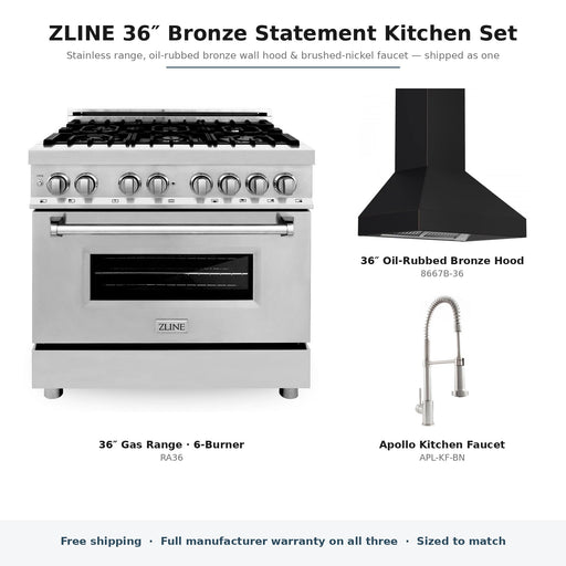 ZLINE 36-inch Bronze Statement Kitchen Set components: RA36, 8667B-36, APL-KF-BN