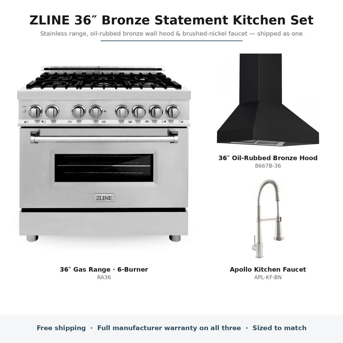 ZLINE 36-inch Bronze Statement Kitchen Set components: RA36, 8667B-36, APL-KF-BN