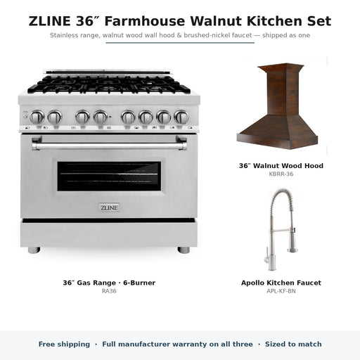 ZLINE 36-inch Farmhouse Walnut Kitchen Set components: RA36, KBRR-36, APL-KF-BN