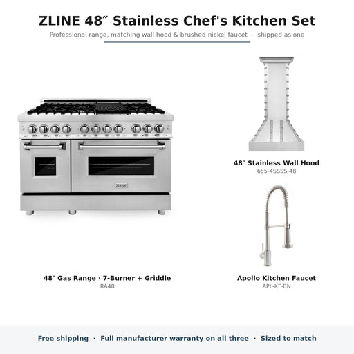 ZLINE 48-inch Stainless Chef's Kitchen Set components: RA48, 655-4SSSS-48, APL-KF-BN