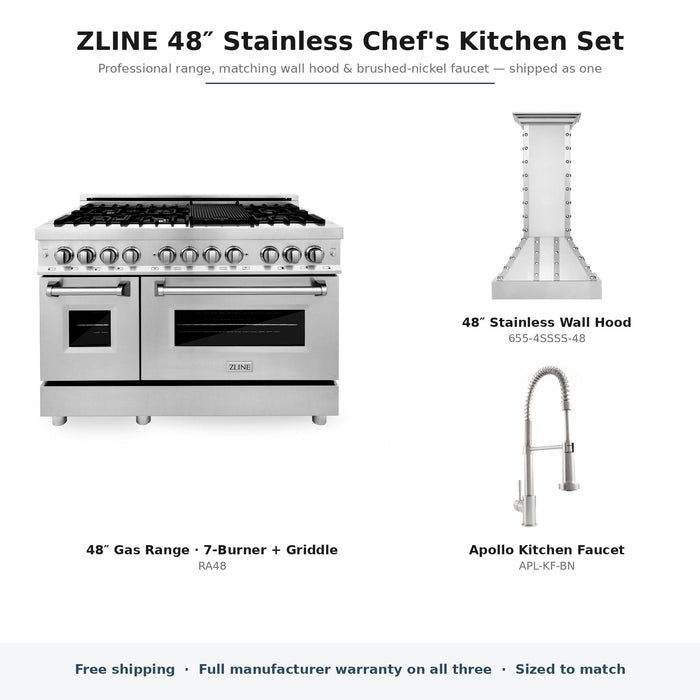 ZLINE 48-inch Stainless Chef's Kitchen Set components: RA48, 655-4SSSS-48, APL-KF-BN