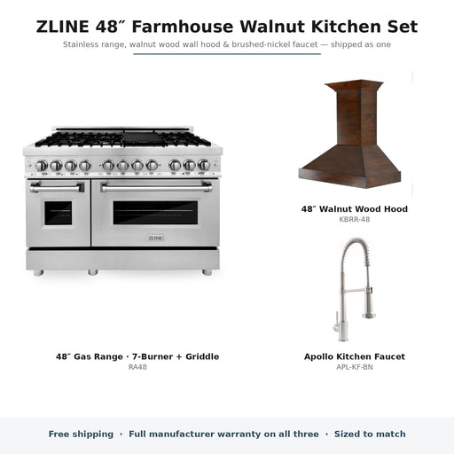 ZLINE 48-inch Farmhouse Walnut Kitchen Set components: RA48, KBRR-48, APL-KF-BN