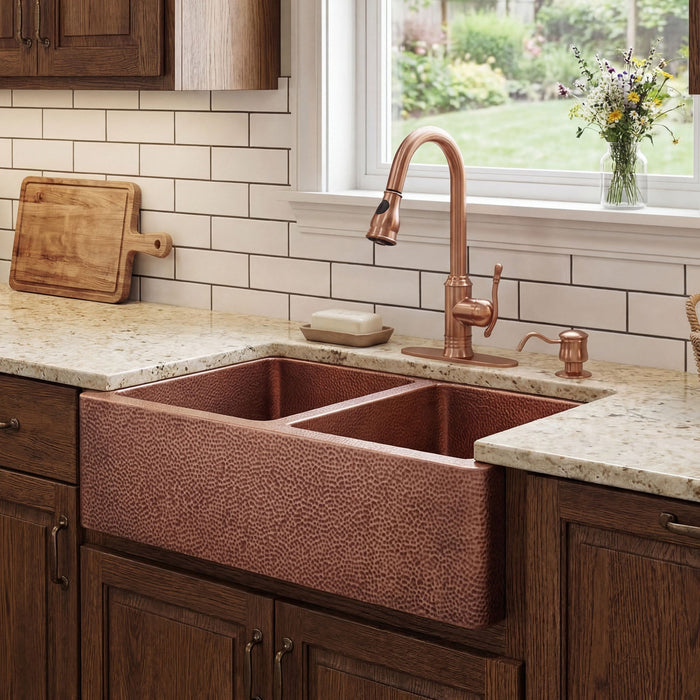 Akicon Double Bowl Farmhouse Apron Copper Kichen Sink - AKS603-C