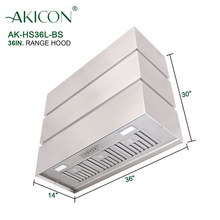 Akicon 36" Stainless Steel Wall Mount Range Hood, 3 Stacks Kitchen Hood with 600 CFM Vent Motor — AK-HS36L-BS
