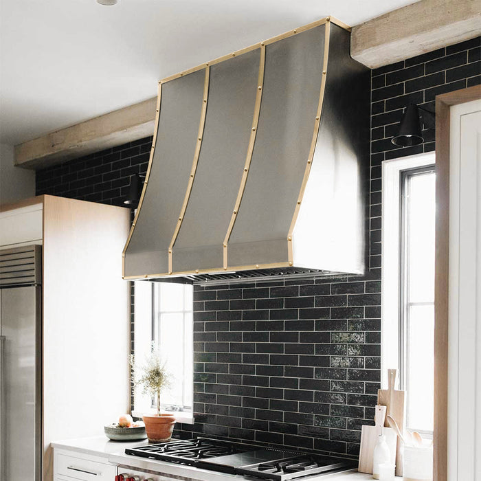 Stainless Steel Designer Kitchen Hoods with Sloped Shape Brass Straps
