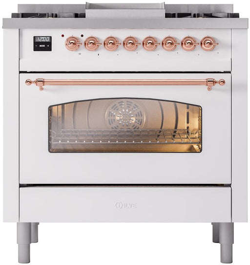 ILVE Nostalgie II 36" Dual Fuel Liquid Propane Range, White, Copper Trim UP36FNMPWHPLP ILVE