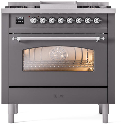 ILVE Nostalgie II 36" Dual Fuel Liquid Propane Range, Matte Graphite, Chrome Trim UP36FNMPMGCLP ILVE