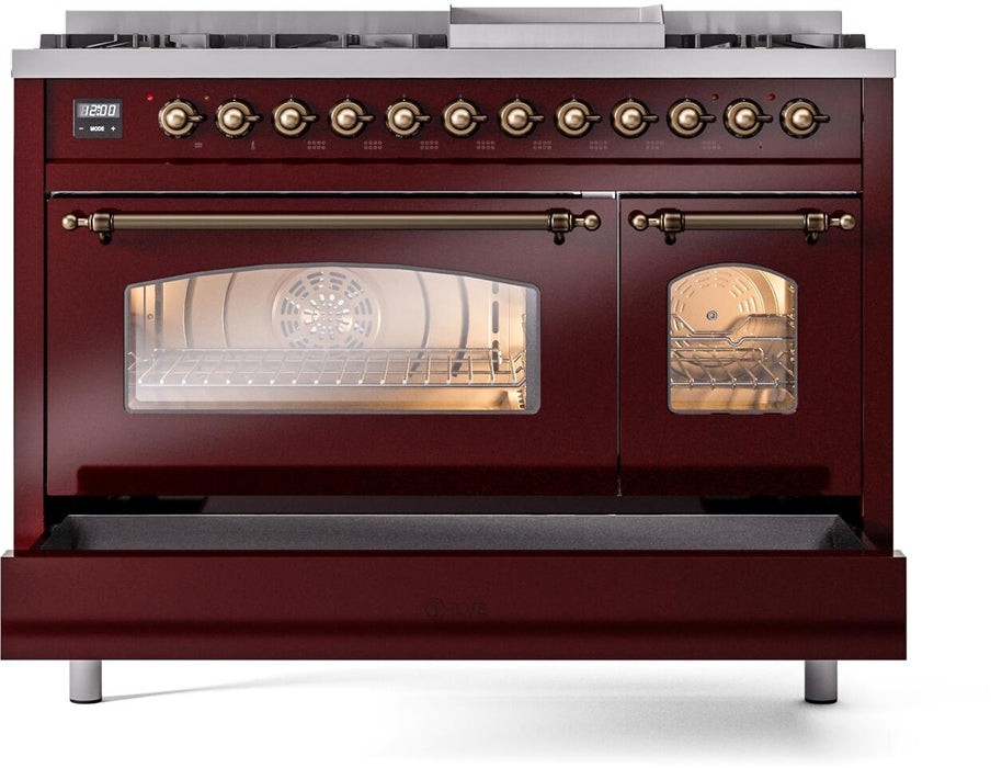 ILVE Nostalgie II 48" Dual Fuel Liquid Propane Range, Burgundy, Bronze Trim ILVE UP48FNMPBUBLP ILVE