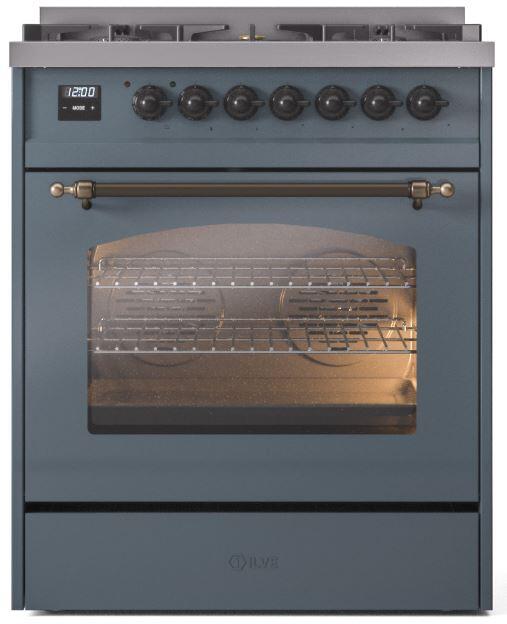 ILVE Nostalgie II 30 Inch Dual Fuel Natural Gas Freestanding Range in Blue Grey with Bronze Trim UP30NMPBGB - Farmhouse Kitchen and Bath