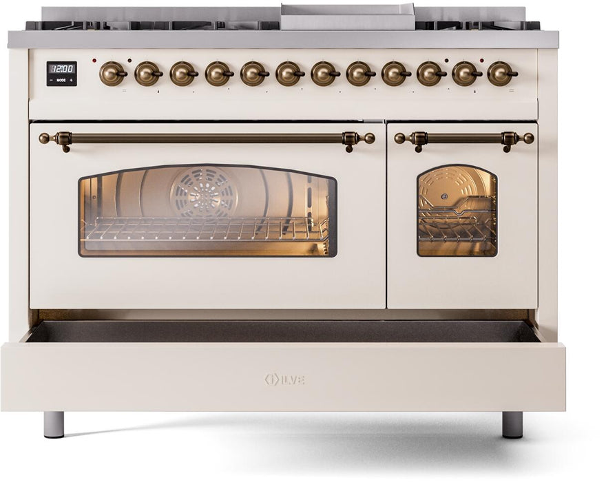 ILVE Nostalgie II 48" Dual Fuel Liquid Propane Range, Antique White, Bronze Trim UP48FNMPAWBLP ILVE